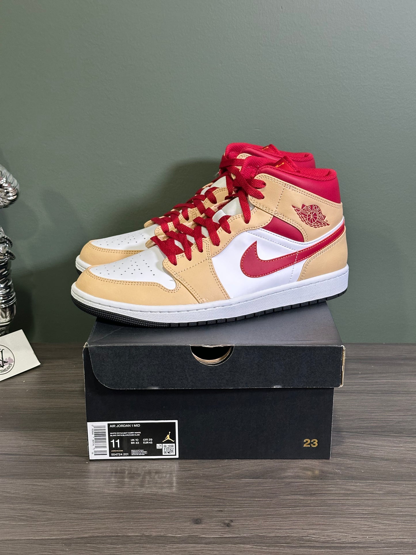 Jordan 1 Mid Light Curry Cardinal