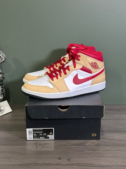 Jordan 1 Mid Light Curry Cardinal