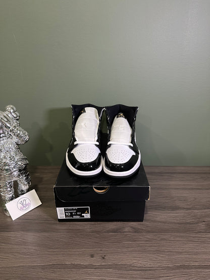 Jordan 1 Mid Patent Black White Gold