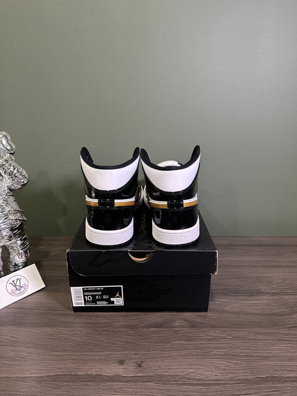 Jordan 1 Mid Patent Black White Gold