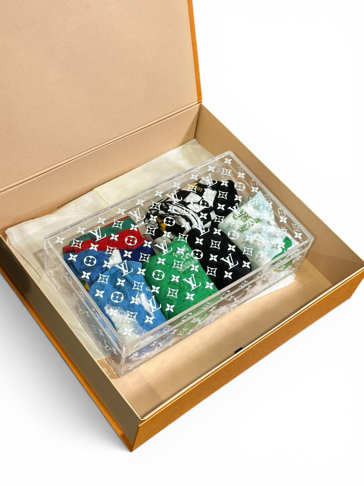 LOUIS VUITTON ARCHIVE 6 SOCKS SET MONOGRAM CLEAR PLEXIGLASS BOX