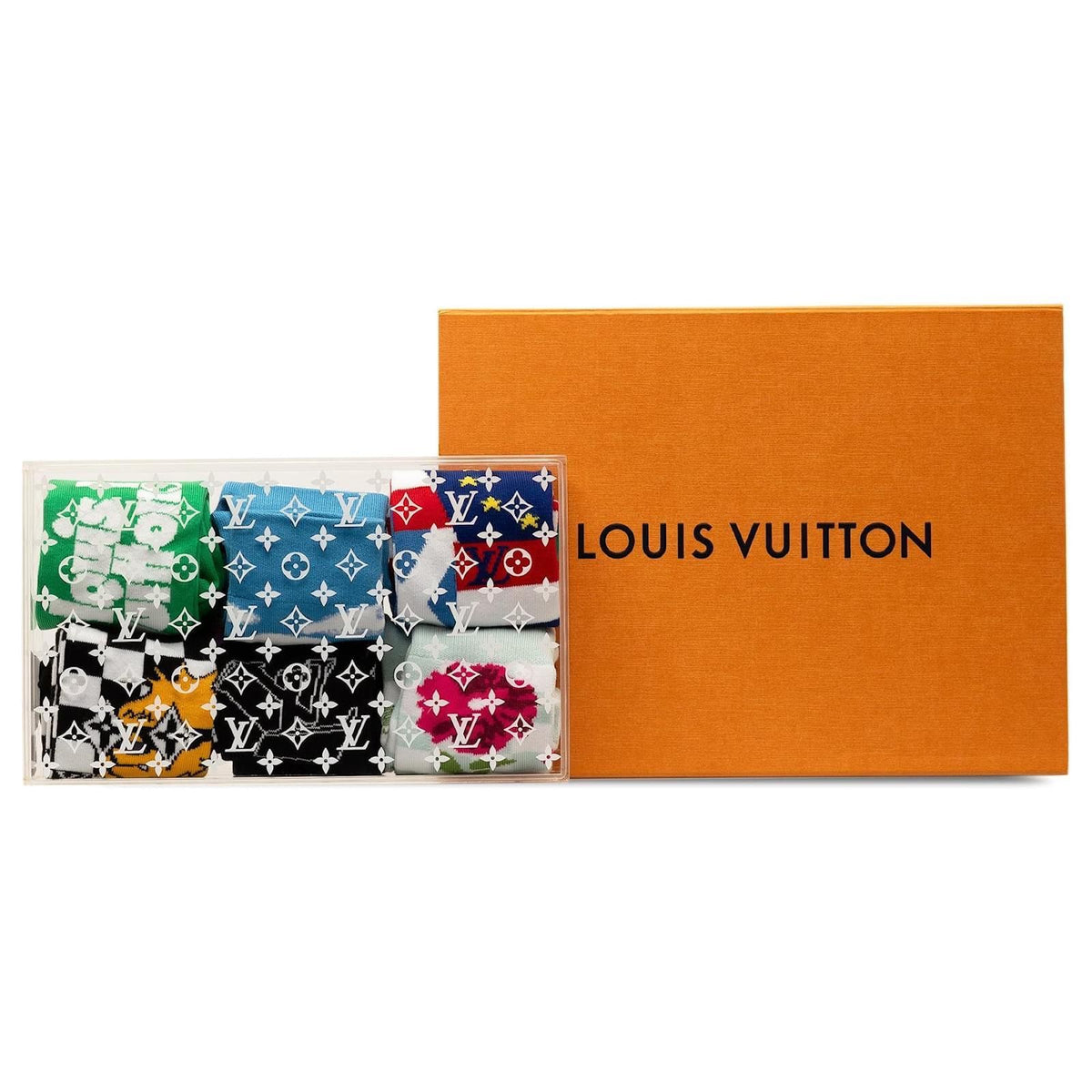 LOUIS VUITTON ARCHIVE 6 SOCKS SET MONOGRAM CLEAR PLEXIGLASS BOX