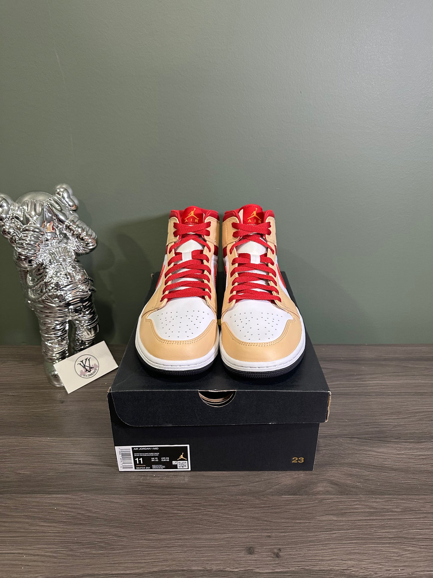 Jordan 1 Mid Light Curry Cardinal