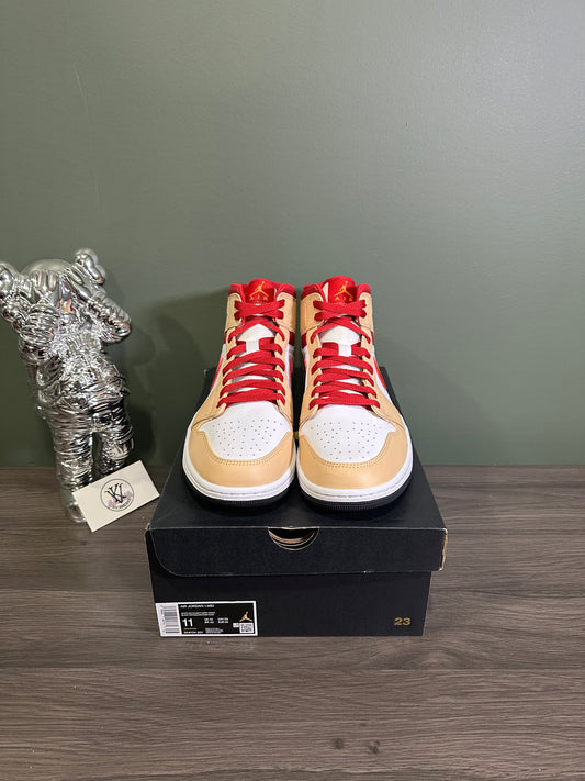 Jordan 1 Mid Light Curry Cardinal